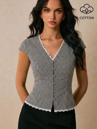 Poéselle 女士格子印花短袖衬衫