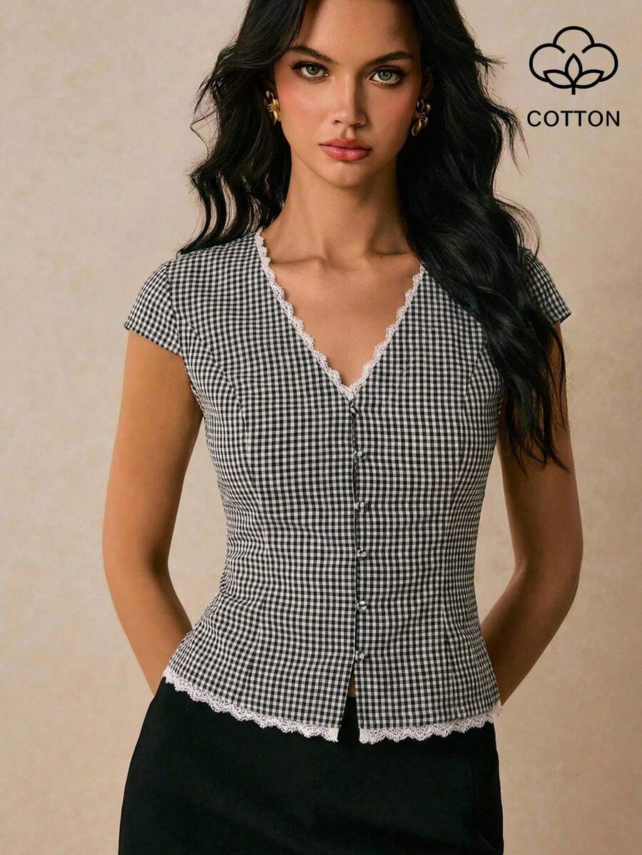 Poéselle 女士格子印花短袖衬衫 - 黑與白 - 查看 1