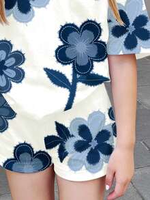 Bộ 2 món đồ mặc nhà phong cách retro in hoa dành cho bé gái tuổi teen, gồm áo thun ngắn tay và quần short, thích hợp cho mùa hè. - Nhiều màu - Xem 5