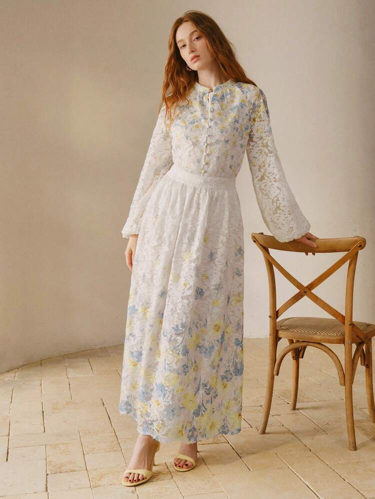 WOMEN'S FLORAL PRINT LANTERN SLEEVE BLOUSE