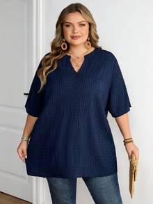 SHEIN CURVE+ 加大码夏季V领短袖休闲衬衫，纹理面料，女式教师装 - 藏蓝色 - 查看 6
