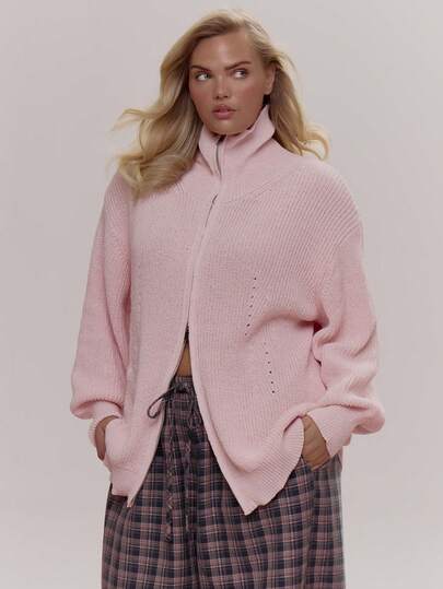 MUSERA Knit Zip Through High Neck Jumper Top Cute Cosy Spring Everyday Sugar Swizzle