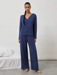 Ocili Comfortable Soft Collarless Women Loungewear Set - Navy Blue - View 3