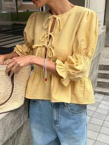 Livesso Casual Women's Blouse With Puff Sleeves, Round Neck And Tie - Yellow - View 4