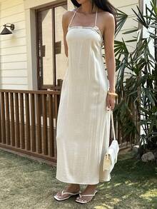 DAZY Figurbetontes Neckholder-Kleid mit offenem Rücken und Bindedetail, elegante Resortmode für Frauen, Frühlings-/Sommer-Kreuzfahrtoutfit für Frauen Maxikleid Sommerkleid - Aprikosenfarben - Übersicht 3