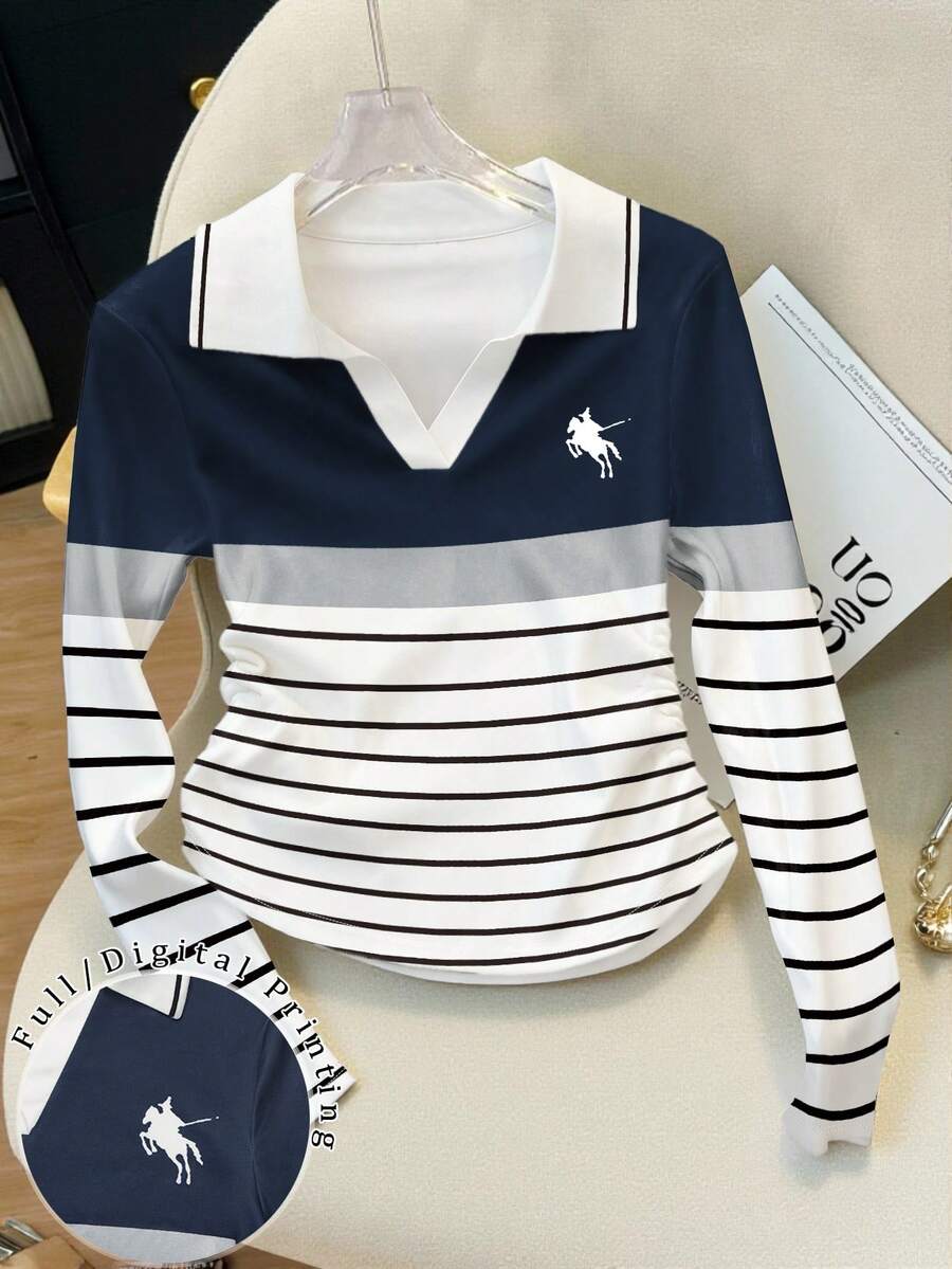 Resyla 优雅撞色 Polo 领女士长袖 T 恤，适合通勤、办公或休闲穿着。也适合情人节、新年，以及作为礼物送给家人和朋友。时尚潮流之选。 - 彩色 - 查看 1