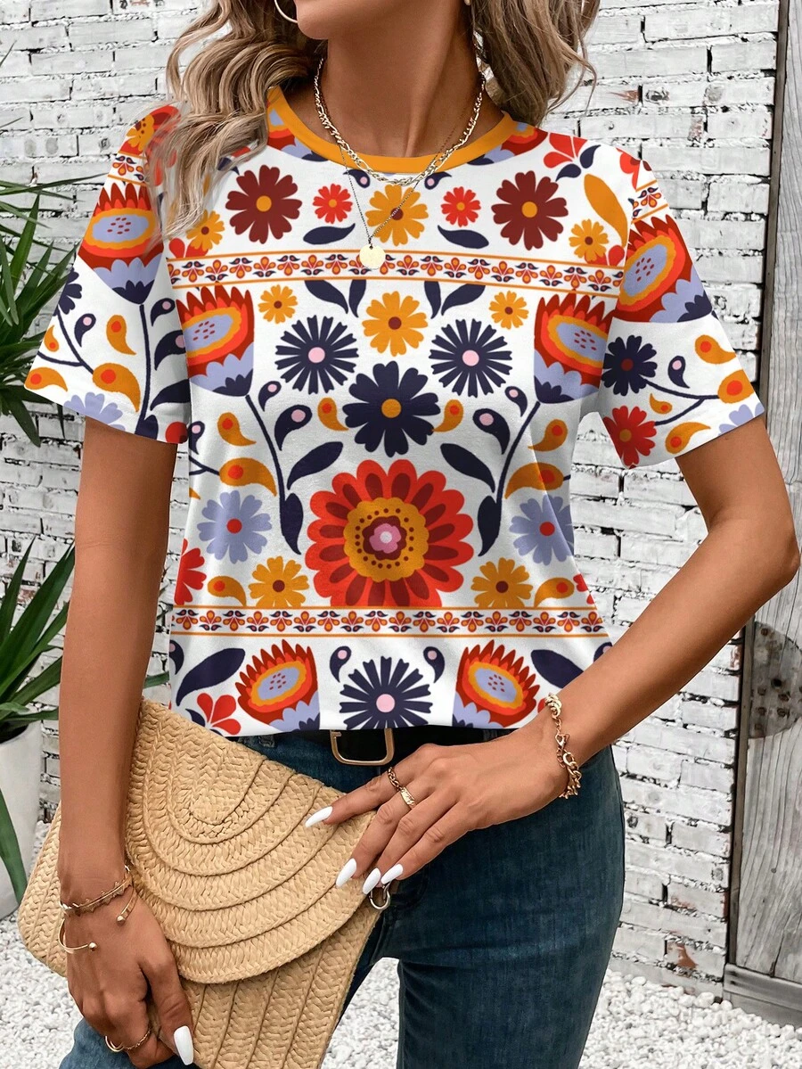 SHEIN LUNE Áo thun nữ cổ tròn in họa tiết, kiểu dáng thường ngày. - Nhiều màu - Xem 1