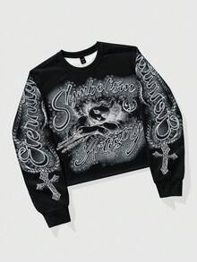 ROMWE MEN Street Life 青少年男孩字母和肖像图案圆领长袖套头卫衣 - 黑色 - 查看 4