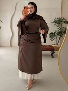 Dazy Plus Vestido ajustado de manga larga y unicolor elegante para mujer de talla grande, primavera/verano - Marrón - Ver 6