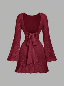 SHEIN MOD Women's Round Neck Flare Sleeve Open Back Tie Design Fashionable Mini Dress - Burgundy - View 5