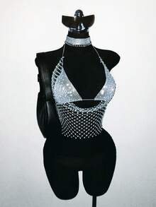 EgrlEra Women's Hollow Out Rhinestone Embellished Sexy Halter Crop Top - Light Grey - View 5