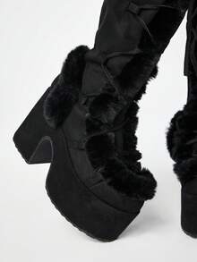 ROMWE Women's Autumn/Winter New High-Value Tall Boots, Round Toe Thick Heel Super High Heel Punk Sexy Furry Boots, Thick Sole High Heel Long Boots - Black - View 2