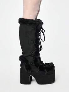 ROMWE Women's Autumn/Winter New High-Value Tall Boots, Round Toe Thick Heel Super High Heel Punk Sexy Furry Boots, Thick Sole High Heel Long Boots - Black - View 4