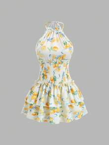 Sweetra 女士柠檬印花露背短裙，性感休闲度假风，春夏款 - 白色 - 查看 1