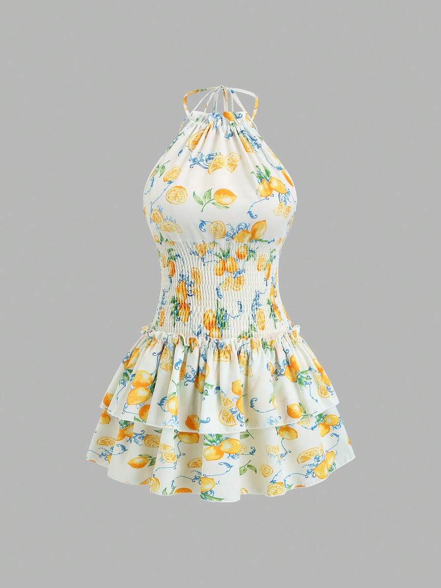 Sweetra 女士柠檬印花露背短裙，性感休闲度假风，春夏款 - 白色 - 查看 1