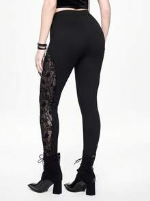 ROMWE Goth Quần legging lưới xuyên thấu họa tiết rừng cấm đen tối. - màu đen - Xem 3