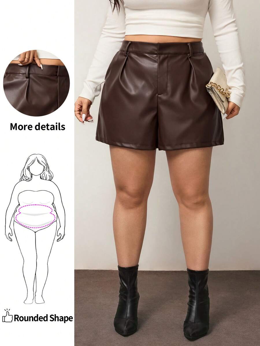 Enliva Plus Size Solid Color PU Leather Casual Versatile Pockets Shorts, For Apple & Rounded Body Shape, For Body Shape, For Summer - Rust Brown - View 1