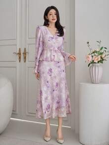 DAZY Women's Elegant Floral V-Neck Puff Sleeve Blouse And Fish Tail Hem Skirt 2-Piece Set, Spring/Summer,Wedding Guest Dress Women - Purple - View 6