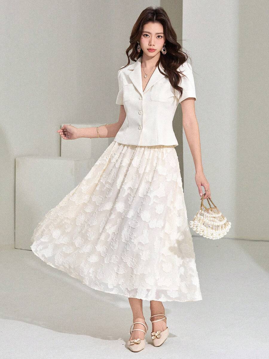 DAZY Women's Elegant Blazer Collar Pocket Puff Sleeve Jacket & Lace Skirt Suit Set, Summer - White - View 1