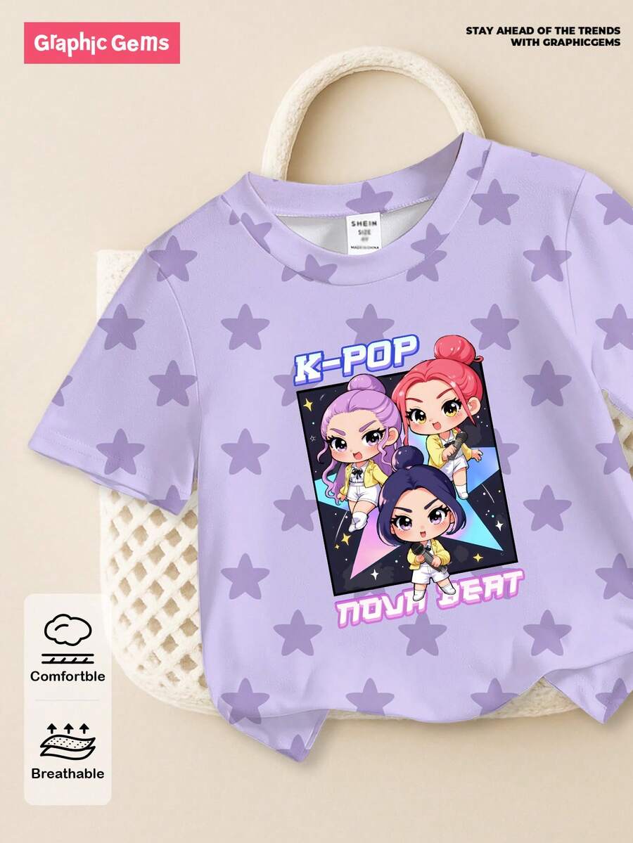 SHEIN GraphicGems Young Girls' Letter & Cartoon Graphic Round Neck Short Sleeve T-Shirt, Ideal For K-Pop Fans And Everyday Wear, Purple Cute Tee For Young GirlSuitable For All Seasons Kids Shirt Girls Pop Pop Shirt Kids Kid Shirt Girl Shirts For Teens Girls Cartoon Kids Tops - White - View 1