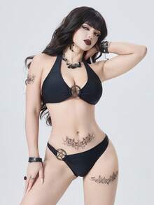 ROMWE Gothic Style Sexy Fashion Versatile Solid Color Five-Pointed Star Metal Chest Decor Lace-Up Halter Backless Swimwear Top Paired With Asymmetric Metal Decor High-Cut Swimwear Bottom Bikini Two Pieces Set, Fitted, Suitable For Festivals, Parties, Holidays, Spring Break Goth Bikini Gothic Swimwear Goth Swim Suit Sets Pentagram Bikini, Curve Swim Suit Sets,Dark-Themed Music Festival / Themed Party,New Year's Eve / Dark-Themed New Year's Party,Goth Beachwear,Pentagram Hardware Bikini, Goth Swimsuit - Black - View 4