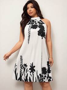 Enliva Plus Size Elegant Floral Print Halter Neck Dress, Suitable For Summer,Sun Dresses For Women Suitable For Going Out Chic Dress, For Apple & Rounded Body Shape - Black and White - View 8
