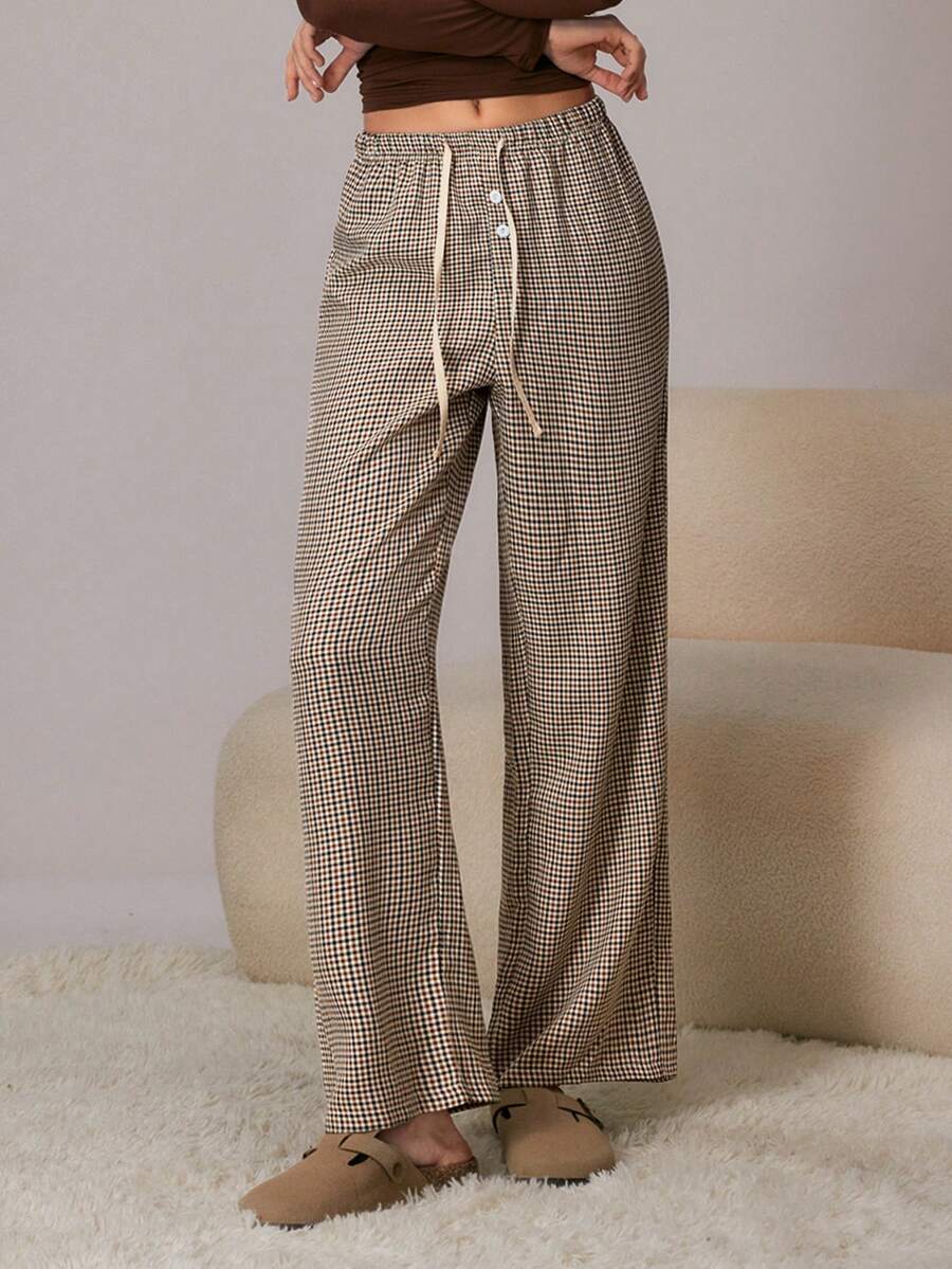 HautHeat Women's Drawstring Waist Plaid Button Design Straight Leg Lounge Pants - Khaki - View 1