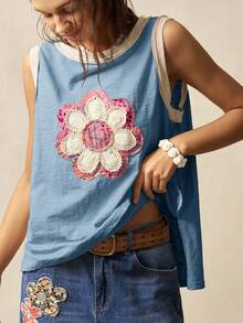 Bohemela Solid Color Knitted Sleeveless Loose Fit Tank Top For Women Flower Tank Top Boho Tank Top Women Cotton Tops Women Summer - Multicolor - View 4