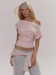 MUSERA 不对称露肩蝙蝠袖罗纹收腰针织可爱少女性感春冬日常复活节糖果色 - 淺粉色 - 查看 1