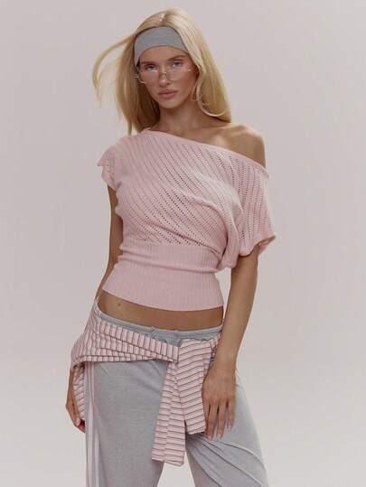 MUSERA 不对称露肩蝙蝠袖罗纹收腰针织可爱少女性感春冬日常复活节糖果色