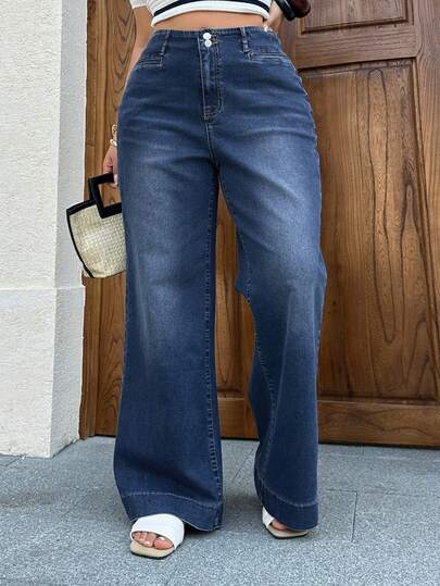 Dazy Plus Quần jeans ống rộng dáng suông cỡ lớn dành cho nữ, cài hai nút, phong cách thời trang thường ngày, phù hợp mọi mùa.