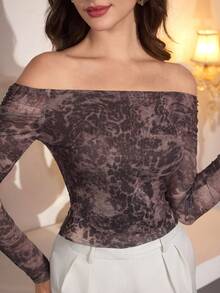 Modelyn Women's Elegant Mesh Print Off Shoulder Neck T-Shirt, Suitable For Outings And Dates, Autumn/Winter - Multicolor - View 6