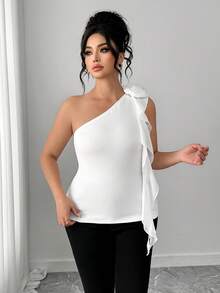 Elenzga Women's New Knitted Elastic Oblique Shoulder Collar Fitted Top With White 3D Floral Decor, Asymmetrical Ruffle Trim, Elegant French Minimalist Style For Commuting Women Elegant Outfits Women's White Top - White - View 3