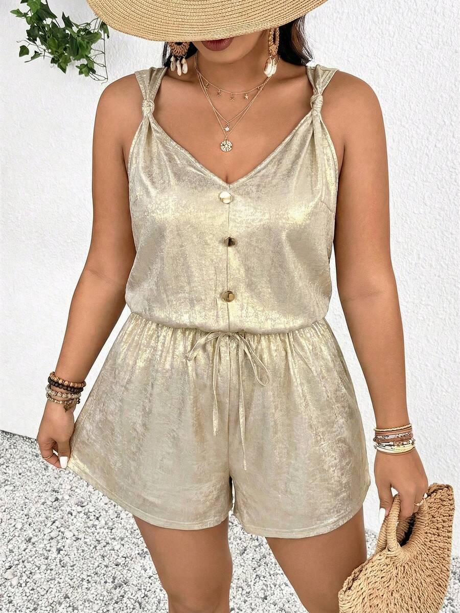 SHEIN Frenchy Plus Size Women Casual Gold Summer Elegant Holiday Vacation Holiday Metal Twist Strap Waist Jumpsuit Romper Short Spring/Summer Outfit - Gold - View 1
