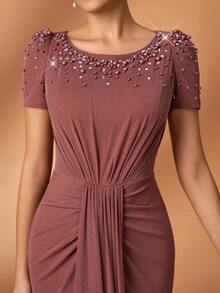 Serin 优雅奢华亮片水钻网纱拼接弹力金属纱针织美人鱼裙摆连衣裙，适合婚礼、派对、度假、舞会、新娘母亲晚礼服 - 鏽棕色 - 查看 1