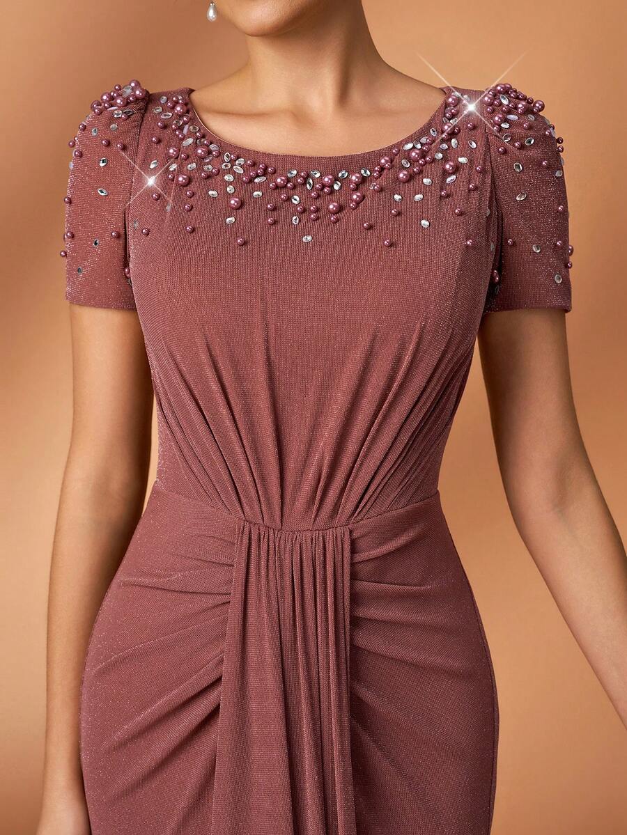 Serin 优雅奢华亮片水钻网纱拼接弹力金属纱针织美人鱼裙摆连衣裙，适合婚礼、派对、度假、舞会、新娘母亲晚礼服 - 鏽棕色 - 查看 1