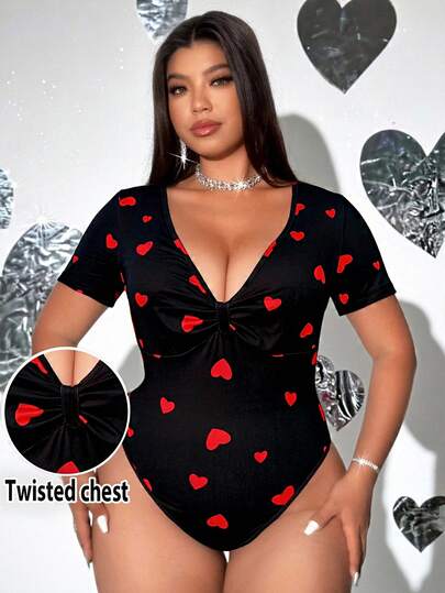 Viva Relle Plusstorlek Dam Elegant Sexig Twist Design Bantande Kortärmad Tryckt Casual Mångsidig Pendling Musik Festival Dejt Alla hjärtans dag Hjärtdekor Bodysuit, Sexig, Lämplig För Sommar Och Alla Årstider