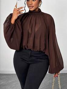 SHEIN CURVE+ Áo khoác ngoài dáng ngắn, cổ cao, tay phồng, xếp ly, chất liệu chiffon mỏng, dành cho nữ, cỡ lớn. - màu nâu - Xem 7