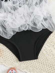 SHEIN Baby Girl Letter & Heart Print Mesh Patchwork Casual Beach Spaghetti Strap Romper Swimsuit - Black and White - View 5