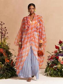 Zivah New Spring/Summer Commute Elegant Vacation Loose-Fitting All-Over Retro Print V-Neck Crossover Batwing Sleeve Top + Pleated Retro Print Wide-Leg Pant Women Two Pieces Set, Suitable For Valentine's Day , Dates, Party, Gatherings, Holidays, Western Style, Vacation, Nomadic Style, Beach, Seaside, Concerts, Everyday Outings, New Year's, Revelry, Brunch Outfits, Wedding Guest Outfits, Wedding Season, Casual-B - Multicolor - View 3