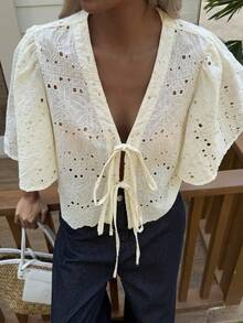 Women's Solid Color Textured Embroidered Loose Short Flare Sleeve Tie Front Casual Holiday Spring/Summer Blouse Boho - Apricot - View 6