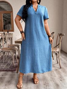 Breezaya Plus Size Women's Dark Blue Linen Maxi Dress,Summer Boho Vacation Holiday,Short Sleeve Cinched Waist With Button Decoration Casual Minimalist Dress - Blue - View 4