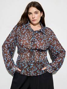 Aveloria Modichic 大码复古波点收腰衬衫，修身翻领长袖上衣 - 棕色 - 查看 5