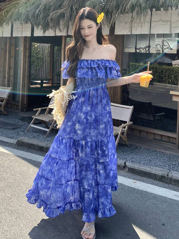 Women's Off-Shoulder Korean Style Ruffle Hem Dress, Vacation Wear Sundress Boho
