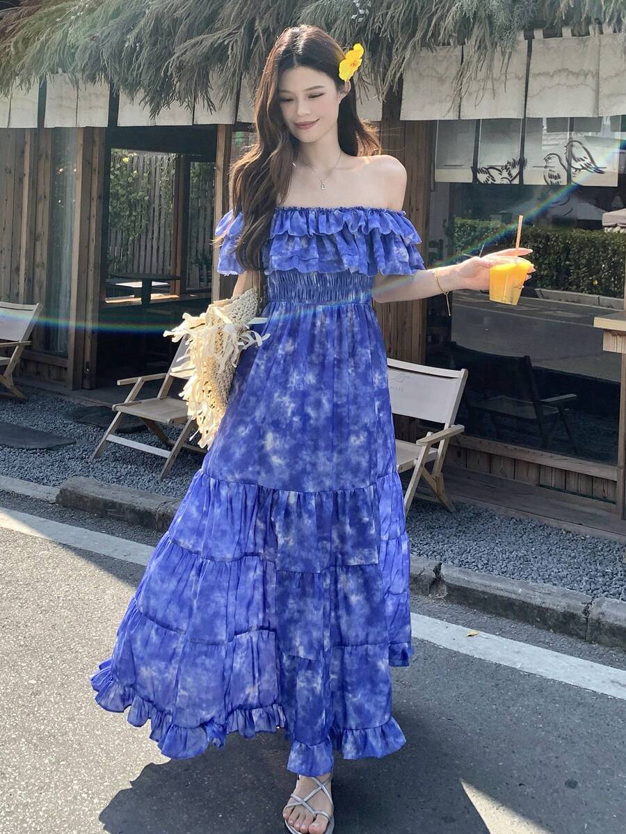 DAZY Women's Off-Shoulder Korean Style Ruffle Hem Dress, Vacation Wear - Purple - View 1