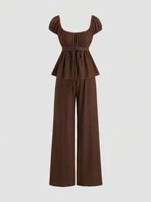Sweetra 2pcs/Set Casual Cute Textured Hollow-Out Lace-Up T-Shirt And Wide Leg Pants Set, Brown For Women - Brown - View 5