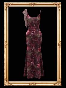 Almamuse Women's Velvet Printed Patchwork Chiffon Ruffle Hem Long Party Dress, Autumn/Winter - Multicolor - View 3