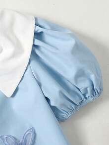 SHEIN Young Girl Casual Cute Daily Commute Contrast Color Peter Pan Collar Puff Sleeve Loose Dress, Summer - Baby Blue - View 8