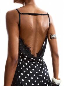 LYSMO 2026 New Arrive Minimalism Spring/Summer Women's Fashion Polka Dot Print Lace Patchwork Spaghetti Strap Dress,Polka Dot Lace Design, High Side Slit Design, Suitable For Layering Or Wearing Alone, Vintage And Glamorous. - Black and White - View 7