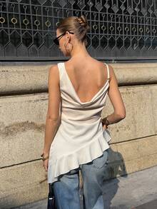 Siren Gaze 女士纯色垂褶领不对称荷叶边下摆金属扣装饰吊带背心，夏季穿着 - 杏色 - 查看 2